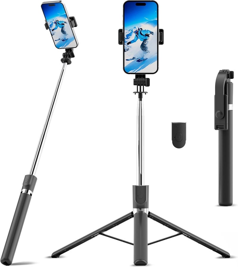 scev 67" Selfie Stick Tripod, Portable Cell Phone Tripod with Wireless Remote Control, 360° Rotating Extendable All-in-1 Travel Stand for Selfies Video Recording, Compatible with iOS/Android, Silver Black - Image 1